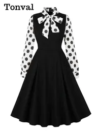 Casual Dresses Tonval Polka Dot Long Sleeve Vintage For Women Spring Bow Tie Neck 50s Elegant A-Line Black Cotton Dress