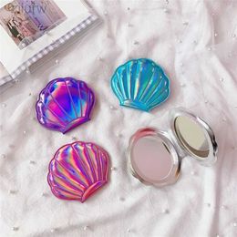 Compact Mirrors Dream laser color shell shaped makeup mirror 2X magnifying glass portable double-sided folding pocket Kawaii makeup accessories d240510
