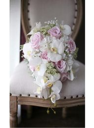 Romantic Ivory Pink Cascading Bridal Bouquets De Mariage Roses Orchid Artificial Silk Flower Handmade Wedding Bouquet 2018 ramo de7639729