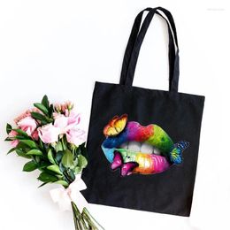 Shopping Bags Multicoloured Lips Butterflies Printed Feminina Shoulder Canvas Cotton Bag Totes Cute Fun Handbag