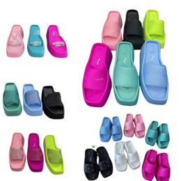 Rubber platform Sandals Slipper Full Crystals Square Toe clogs High Heel Women wedges slides shoes Flat Mules Lady Thick sole bottoms slipper slides size 35-41