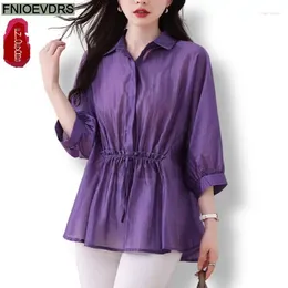Women's Blouses L-5XL Loose Clothes 2024 Summer Retro Button Tops Short Sleeve Women Tunic Fashion Purple Peplum Shirts