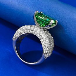 Luxury 12mm Emerald Diamond Ring 100% Real 925 Sterling Silver Party Wedding Band Rings for Women Men Promise Engagement Jewellery