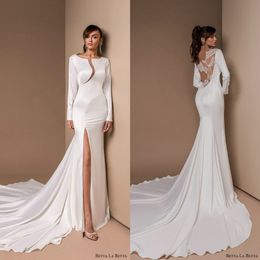 Betta La Betta 2019 Mermaid Wedding Dresses Long Sleeve Lace Side Split Soft Satin Plus Size Bohemia Bridal Gowns robe de mariee 2759