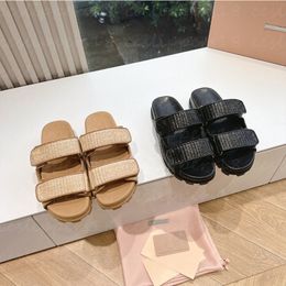 Designer MIUI Women's Sandals Straw Woven Velcro Platform Slippers Lettered Buckle Sandals Summer Flat with Men's Casual Flip-Flops Outdoor Beach Slippers with box