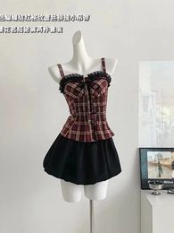 Summer Women Y2k Old Money Vacation Rave Vintage Outfits 2 Piece Set Plaid Lace Camisole Mini Skirts Korean Fashion Mori Girl 240510