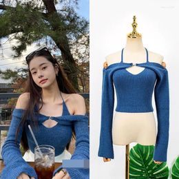 Women's Sweaters Kpop Korean Singers Summer Sexy Slim Backless Knitted Women Fashion High Street Strapless Pullovers Long Sleeve Jumpers