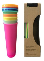 5pcs 24oz Reusable Tumblers Colour Changing Cold Cups Summer Magic Plastic Coffee Mugs Water Bottles With Straws Set For Family fri7861340