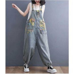 Womens Jumpsuits Rompers Denim Jumpsuits for Women Printing Korean Style Overalls One Piece Outfit Women Rompers Casual Vintage Playsuits Straight Pants Y2433LY