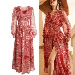 Casual Dresses Elegant Summer Holiday Beach Red Flower Chiffon Long Dress Women Deep V Neck Print Wrap Arround Split One Piece Boho Robe