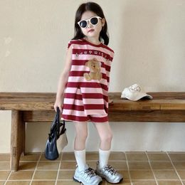 Clothing Sets Summer 2024 Korean Children Girls 2PCS Clothes Set Cotton Sleeveless Cartoon Bear Split Top Striped Shorts Suit Baby Girl