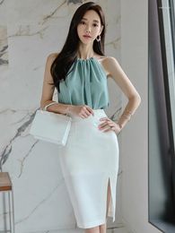 Work Dresses Korean Sexy 2 Pieces Outfits Women Elegant Casual Halter Strap Loose Tops Shirt Blouse Wrap Hip Midi Skirt Sets Mujer Party