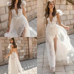 2023 Elegant Mermaid Wedding Dresses V Neck Lace Backless Bridal Gowns High Slit See Through Trumpet Customized Beach Vestidos De Novia 267T