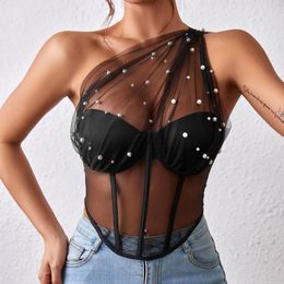 Women's Tanks Pearl One Shoulder Corset Fashion Sexy Bustier Camisole Summer Slim Fit See Through Tank Tops Back Zipper Youthful Woman