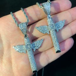 2024 New Iced Out Bling 5A Cubic Zirconia Paved Pendant Prong Setting Wing Cross Necklace for Men Women Silver Color Hip Hop Jewelry