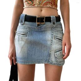 Skirts Summer 2024 Euro-American Style Women High Waist Pleated Bag Buckle Zipper Splicing Multi-Pocket Skinny Wrap Hip Denim