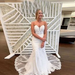 New Romantic Mermaid Dresses Sweetheart Appliques Lace Bridal Gowns Sweep Train Custom Made Wedding Dress L57 0510