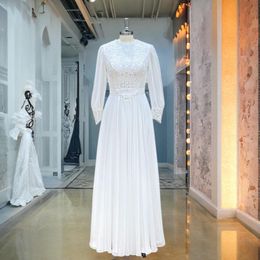 Hire Lnyer O-Neck Zipper Up Back Long Sleeve Appliques Chiffon Elegant Beach Wedding Dresses Real Office Photos Video