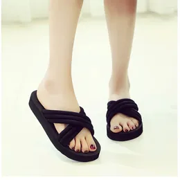 Slippers 3cm And 5.5cm Heels High Women's Slides Solid Cross Sponge Cloth Beach Sandals Black Female Shoes Platform Wedges Mid