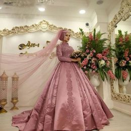 Dust Pink Islamic Muslim Arabian Wedding Dress with Long Sleeves High Neck Ball Gown Dubai Kaftan Arabic Bridal Gowns Satin 2019 255I
