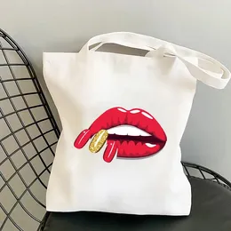 Shopping Bags Cartoon Shopper Lady Shoulder Sexy Lips Nails Casual Foldable Bag Handbag Women Elegant Canvas Tote