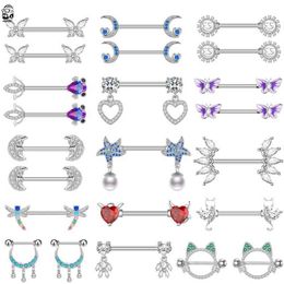 Nipple Rings 2pcs Cute Cat Crystal CZs Nipple Piercings Barbell Red Blue Colour Butterfly Moon Nipple Shield Bar Women Stainless Nipple Rings Y240510