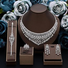 Necklace Earrings Set Luxury Big 4 Pcs Jewelry With Cubic Zirconia For Women Bridal Party Wedding Accessories Saudi Arabic Dubai