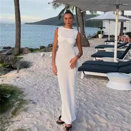 Casual Dresses Sexy Beach Knitted Maxi Dress For Women Summer Solid Sleeveless See Through Twist Sundress Skinny Elastic Holiday Cover-Up