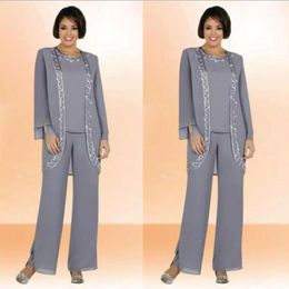 Modest Chiffon Jewel Long Mother Of The Bride Pant Suits With Long Sleeve Jacket Cheap Embroidery Formal Suits Custom Made 319f