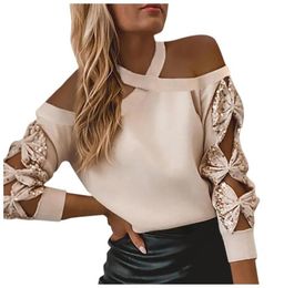 Women039s TShirt Style Shirts Women Casual Fashion 2021 Strapless Hollow Butterfly Sequined Long Sleeve Tops Clothes 5137165