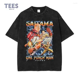 Men's T Shirts Saitama Vintage Washed Anime T-shirt Oversized Streetwear Short Sleeve Summer Harajuku Retro Manga Tops Tees Cotton