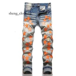 Purple Jeans Designer Mens Mens Jeans High Street Jeans for Mens Embroidery Pants Womens Oversize Ripped Patch Hole Denim Straight Fashion Streetwear Slim 8762