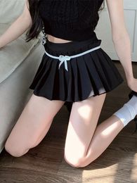 Skirts Sexy Cute Pleated Mini Skirt Women Coquette High Waist Bow Patchwork A-line With Shorts Black White Preppy Style