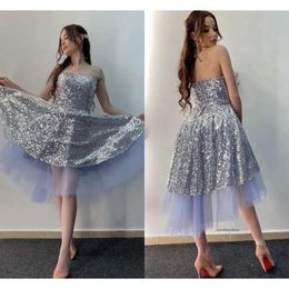 Sparkling Sequins Tulle Tiered Homecoming Strapless Zipper Back Short Prom Bride Formal Tail Party Dresses V80 0510