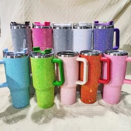 40oz Diamond Mug Tumbler with Handle Lids Straw Stainless Steel Water Bottle Coffee Termos Cups Vacuum Flasks for Girls Gift 240430