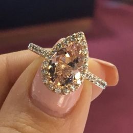Vecalon Luxury Female Big Pink Stone Ring Fashion Rose Gold Jewellery Crystal Zircon Water Drop Ring Vintage Wedding Rings For Women 301e