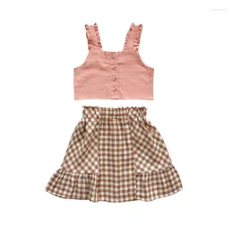 Clothing Sets Girls Summer Princess Suits Chic Button Decoration Skin-friendly Breathable Sleeveless Shirt Skirt Fashion Two-piece Set