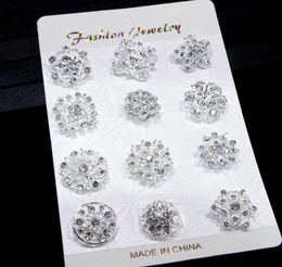 12PCS Mixed Flower Crystal Silver Plated Alloy Brooches High Quality Fashion Wedding Cake Flower Pins Girls Pretty Collar Pins7018137