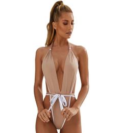 Sexy Thong Swimsuit One Piece Women Bathing Suits Swimwear Front Tie Backless Solid S M L7978798