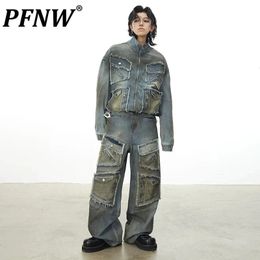 PFNW Multi Pockets Zipper Worn Out Mens Denim Sets Vintage Male Jackets Washed High Street Jeans Winter Trendy 28W2408 240429