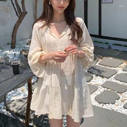 Casual Dresses 2024 White Women Loose Fairy Dress Korean Chic Sweet Style V-neck Lacing Jacquard Design Beach Ins Autumn Cute Elegant