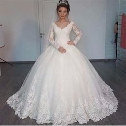 Wunderschönes V-Ausschnitt-Ballkleid Langarm Hochzeitskleider 2024 Spitzenapplikation Weiße Hochzeitskleider Robe de Mariage