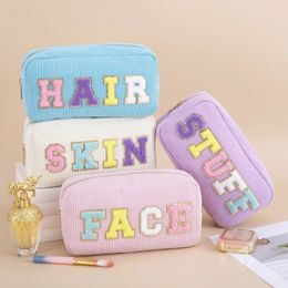 Women Girls Travel Corduroy Chenille Letters Patch Skincare Face Hair Stuff Makeup Cosmetic Bag for Daily Use 240429