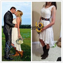 Vintage High Low Beach Wedding Dresses Retro Lace V-neck Summer Holiday Seaside Western Country Cowgirl Wedding Bride Gown 3064