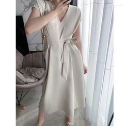 Party Dresses Smmmer Maxi For Women French Fashion Elegant Dress Belt Solid Colour V-neck Office Lady Spring Simplicity Long Clothing