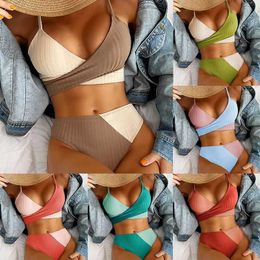 Women's Swimwear 2023 New Solid Colour Matching Thick Pit Strip Cross Straps High Waist Women Bikini Sexy Swimsuit T240508