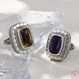 Cluster Rings S925 Sterling Silver For Women Men Fashion Handmade Pattern Natural Amethyst Yellow Crystal Jewellery