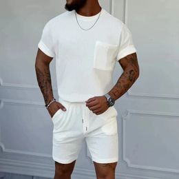 Summer Casual Breathable Two Piece Sets Men Vintage Pure Colour Pocket Short Sleeve T Shirt And Shorts Mens Outfits Vintage Suits 240507