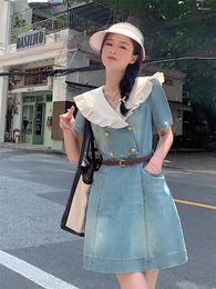 Party Dresses Ruffled Collar Denim Dress Summer Short Sleeved Casual A-Line French Style Double Breasted Women's Elegant