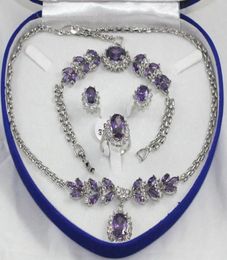 whole pretty Purple crystal Silver Necklace Bracelet Earrings Ring Gemstone Jewelry Sets1905865